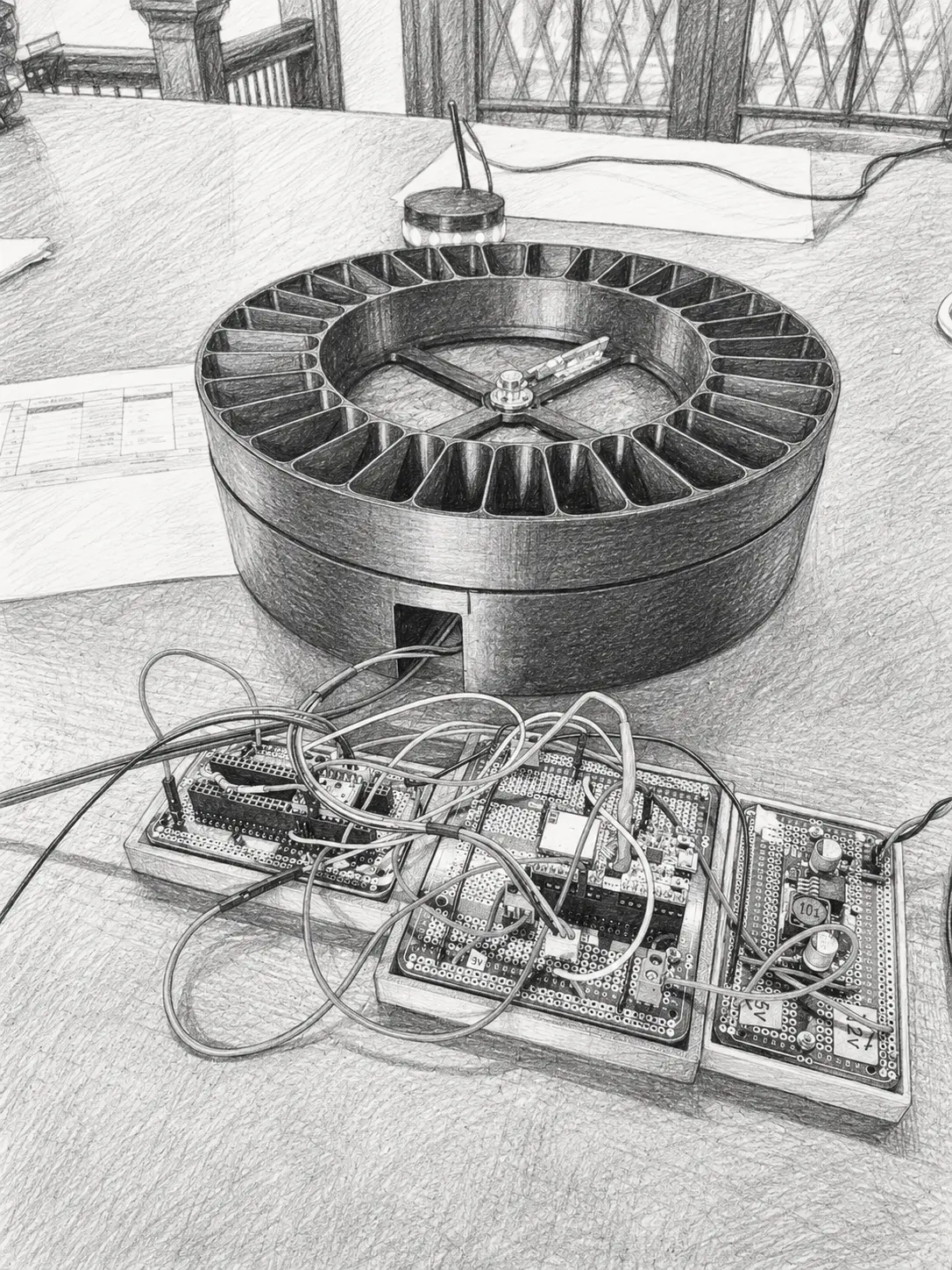 Sketch of a prototype on the workbench: a round 3D-printed device with an antenna, wired to three breadboard circuit boards